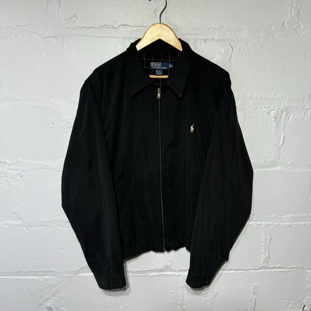 Vintage Polo Ralph Lauren Black Plaid Lined Harrington Jacket Size XL Coat 90s